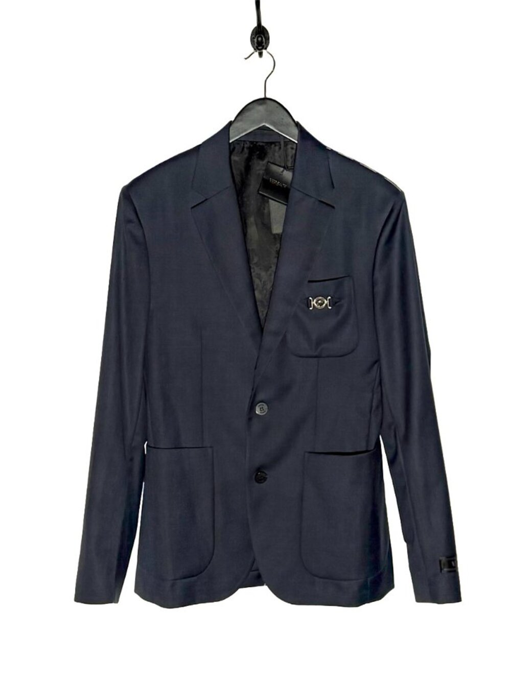 Versace Navy Blue Light Wool Medusa Accent Slim Blazer